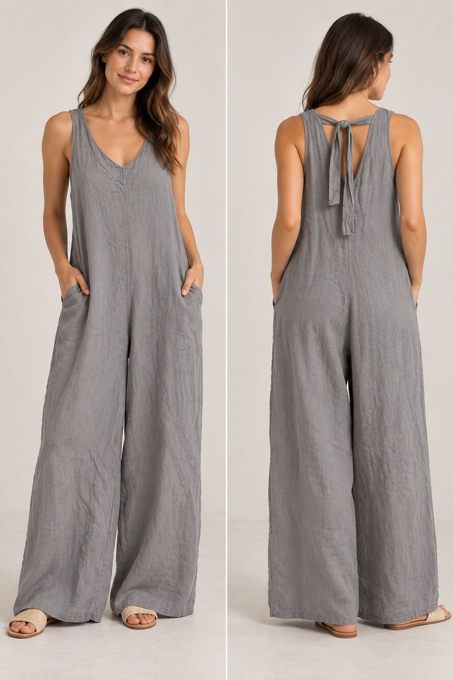 Raw Moda Italy 100% Linen Gray Wide Leg Jumpsuit One Size Boho.